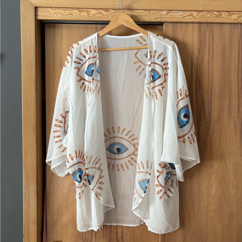 Evil Eye Top, kimono, evil eye cover up, White Kimono, Protection eye, good luck